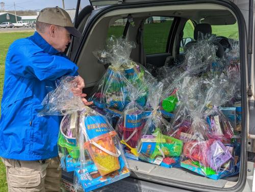 Easter Baskets being loaded up for the party.